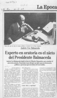 Experto en oratoria es el nieto del Presidente Balmaceda  [artículo] Maura Brescia.