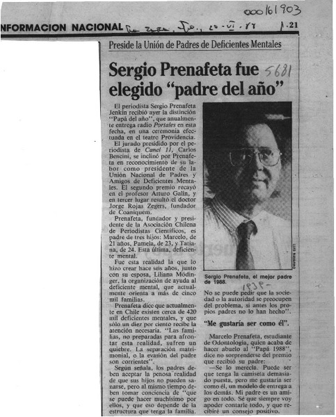 Sergio Prenafeta fue elegido "padre del año"  [artículo].