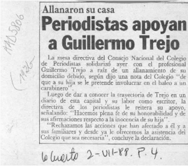 Periodistas apoyan a Guillermo Trejo