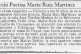 Falleció poetisa María Ruiz Martínez