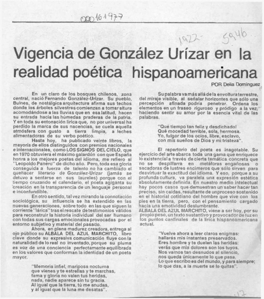 Vigencia de González Urízar en la realidad poética hispanoamericana  [artículo] Delia Domínguez.