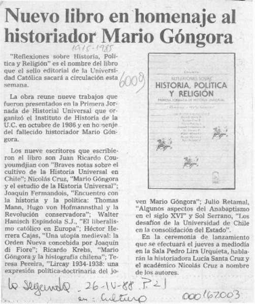 Nuevo libro en homenaje al historiador Mario Góngora  [artículo].