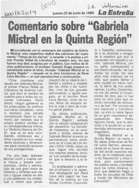 Comentario sobre "Gabriela Mistral en la Quinta Región"  [artículo] Gonzalo Drago.