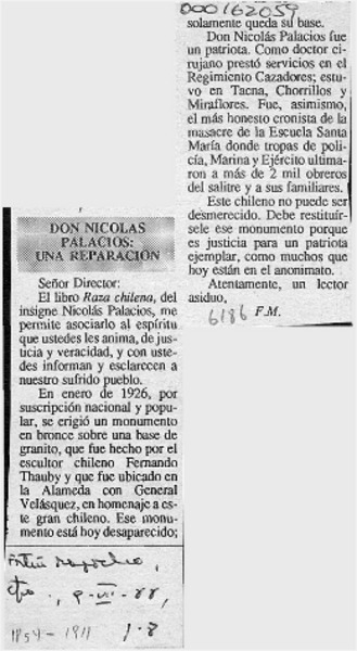 Don Nicolás Palacios, una reparación  [artículo] F. M.