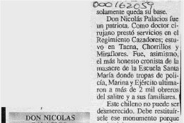 Don Nicolás Palacios, una reparación  [artículo] F. M.