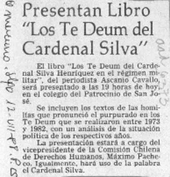Presentan libro "Los Te Deum del Cardenal Silva"  [artículo].