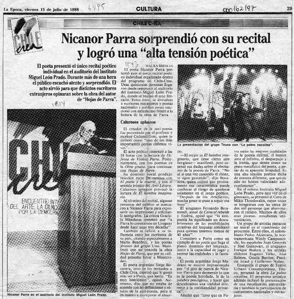 Nicanor Parra sorprendió con su recital y logró una "alta tensión poética"  [artículo] Maura Brescia.