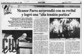 Nicanor Parra sorprendió con su recital y logró una "alta tensión poética"  [artículo] Maura Brescia.