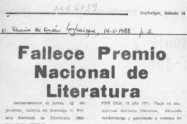 Fallece Premio Nacional de Literatura  [artículo].