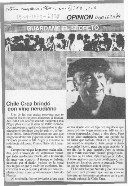 Chile Crea brindó con vino nerudiano  [artículo].
