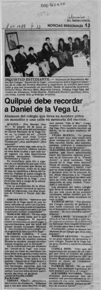 Quilpué debe recordar a Daniel de la Vega U.  [artículo] Hernán Díaz H.