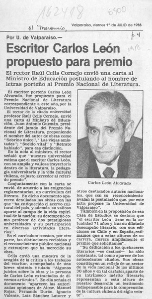 Escritor Carlos León propuesto para premio  [artículo].