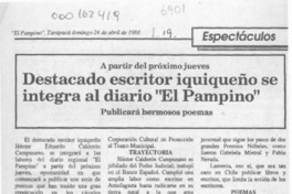 Destacado escritor iquiqueño se integra al diario "El Pampino"  [artículo].