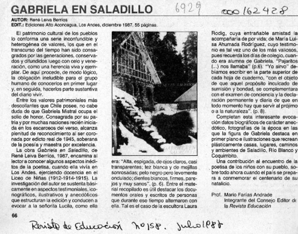 Gabriela en Saladillo  [artículo] Mario Farías Andrade.