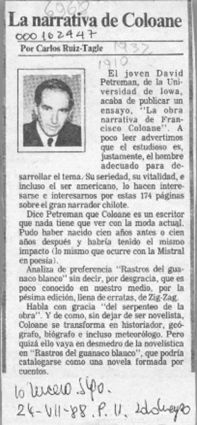 La narrativa de Coloane  [artículo] Carlos Ruiz-Tagle.