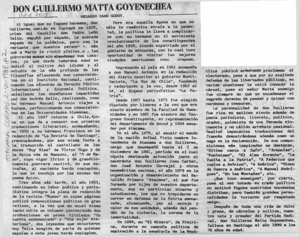 Don Guillermo Matta Goyenechea  [artículo] Medardo Cano Godoy.