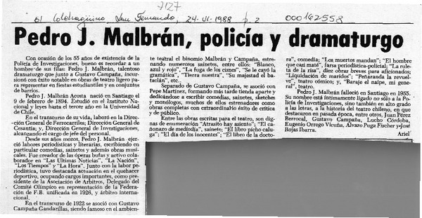 Pedro J. Malbrán, policía y dramaturgo  [artículo] Ariel.