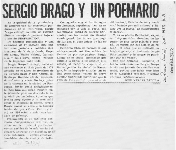 Sergio Drago y un poemario  [artículo] José Vargas Badilla.