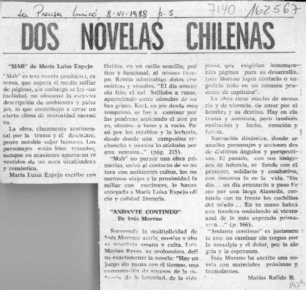 Dos novelas chilenas  [artículo] Matías Rafide B.