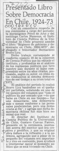 Presentado libro sobre democracia en Chile 1924-73  [artículo].