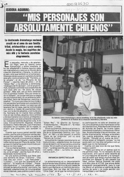 "Mis personajes son absolutamente chilenos"  [artículo] Sandra Escobar Wulf.