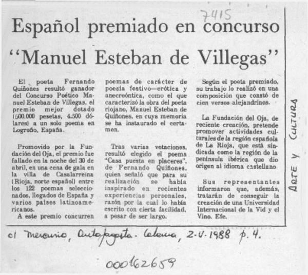 Español premiado en concurso "Manuel Esteban de Villegas"