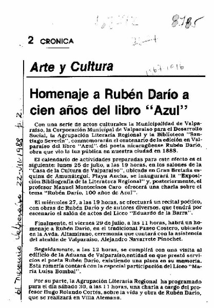 Homenaje a Rubén Darío a cien años del libro "Azul"  [artículo].