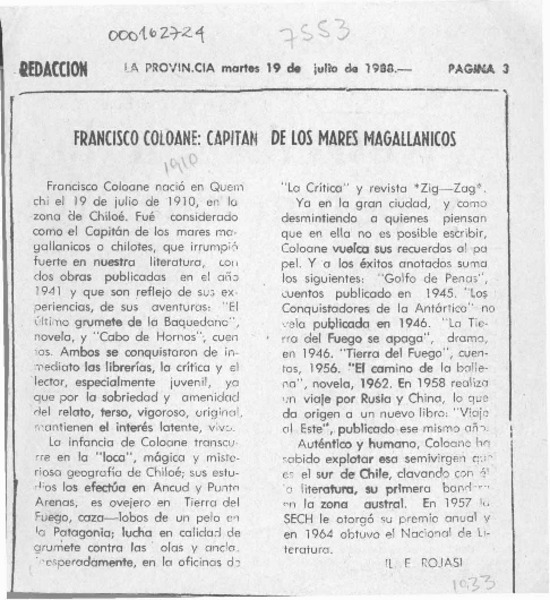 Francisco Coloane, capitán de los mares magallánicos  [artículo] L. E. Rojas.
