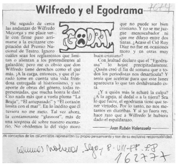 Wilfredo y el egodrama  [artículo] Juan Rubén Valenzuela.
