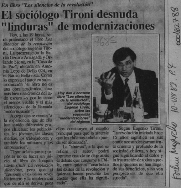 El Sociólogo Tironi desnuda "linduras" de modernizaciones  [artículo].