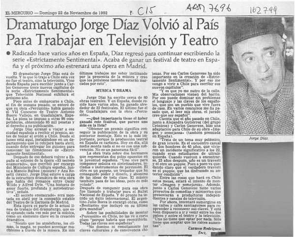 Dramaturgo Jorge Díaz volvió al país para trabajar en televisión y teatro  [artículo] Carmen Rodríguez.