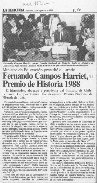 Fernando Campos Harriet fue elegido Premio Nacional de Historia 1988  [artículo].