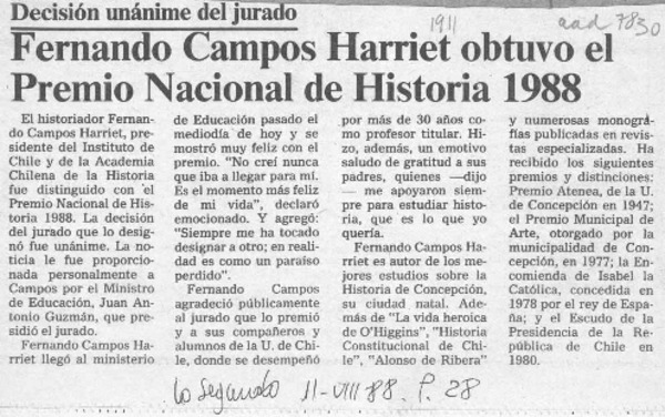 Fernando Campos Harriet obtuvo el Premio Nacional de Historia 1988  [artículo].