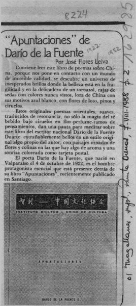 "Apuntaciones" de Darío de la Fuente  [artículo] José Flores Leiva.