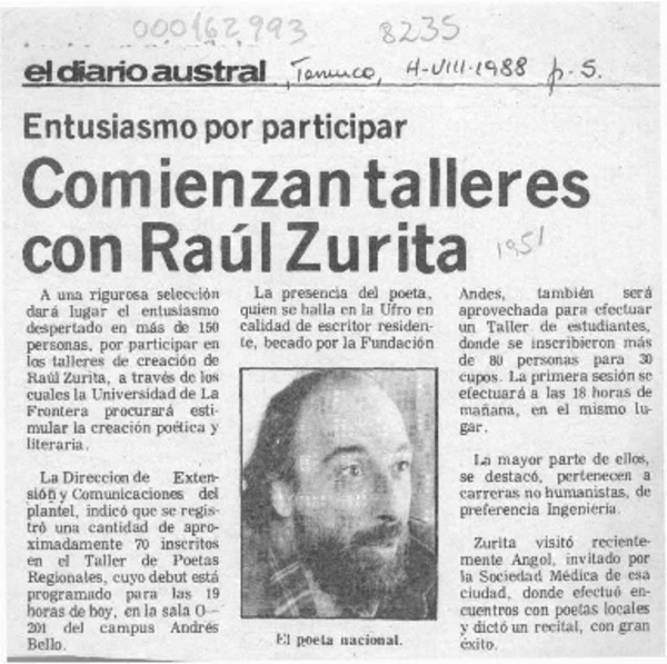 Comienzan talleres con Raúl Zurita  [artículo].