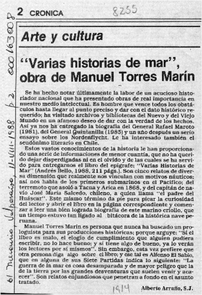 "Varias historias de mar", obra de Manuel Torres Marín  [artículo] Alberto Arraño.