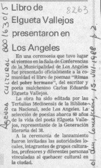 Libro de Elgueta Vallejos presentaron en Los Angeles  [artículo].