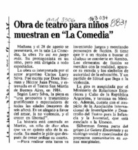 Obra de teatro para niños muestran en "La Comedia"  [artículo].