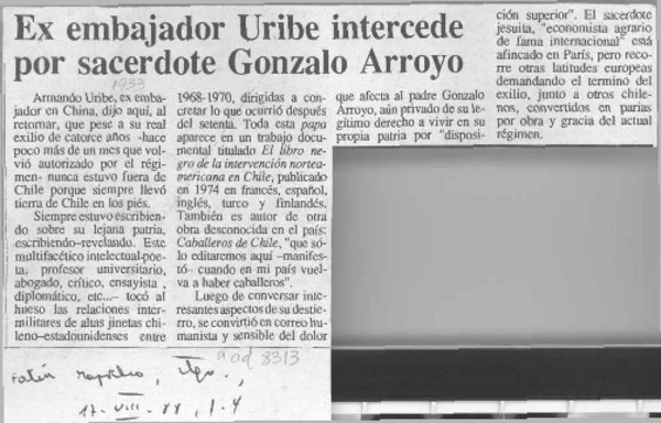 Ex embajador Uribe intercede por sacerdote Gonzalo Arroyo