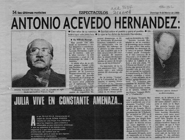 Antonio Acevedo Hernández, dramaturgo de Chile y América  [artículo] Wilfredo Mayorga.