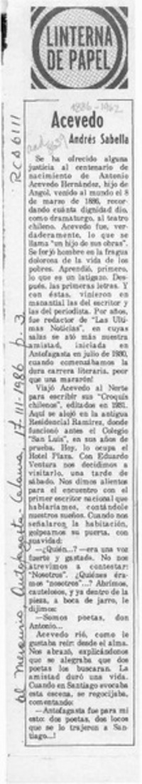 Acevedo  [artículo] Andrés Sabella.