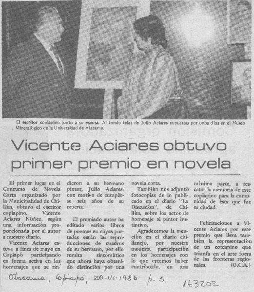 Vicente Aciares obtuvo primer premio en novela