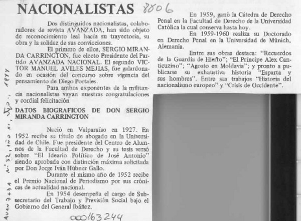 Datos biográficos de don Sergio Miranda Carrington  [artículo].