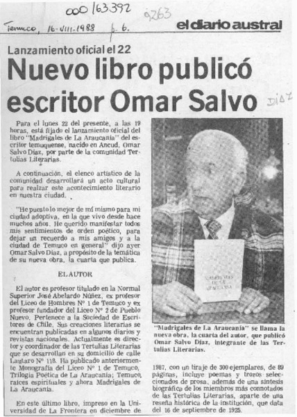Nuevo libro publicó escritor Omar Salvo  [artículo].
