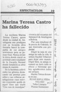 Marina Teresa Castro ha fallecido  [artículo] Elías Sepúlveda Veloso.