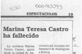 Marina Teresa Castro ha fallecido  [artículo] Elías Sepúlveda Veloso.