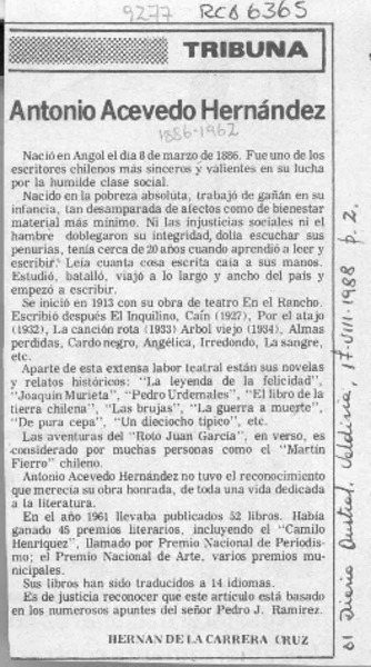 Antonio Acevedo Hernández  [artículo] Hernán de la Carrera Cruz.