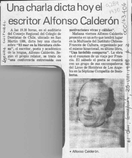 Una Charla dicta hoy el escritor Alfonso Calderón  [artículo].