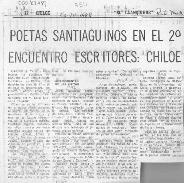 Poetas santiaguinos en el 2o. encuentro escritores, Chiloé  [artículo] A. Yurac.