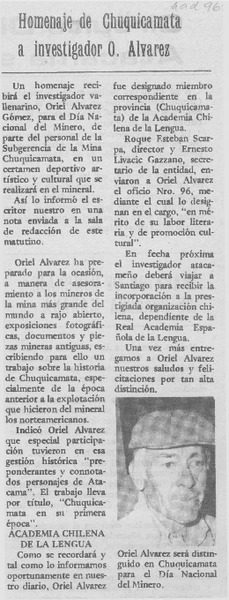 Homenaje de Chuquicamata a investigador O. Alvarez